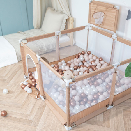 parc bébé avec balles plastiques aire de jeu pliable basket, beige : beige pastel/jaune pastel/blanc/menthe/rose poudré, 400 balles