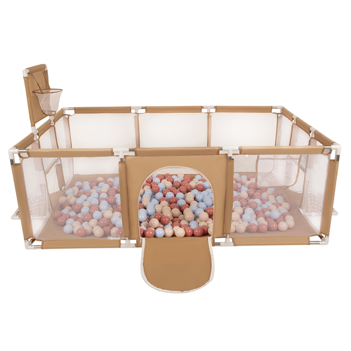 Parc Bébé avec Balles Plastiques Aire De Jeu Pliable Basket Football, beige : beige pastel/bleu pastel/saumon, 100 balles