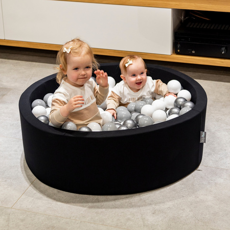 KiddyMoon Piscine à Balles ∅ 7Cm pour Bébé Rond Fabriqué En UE, noir: blanc/gris/argenté, 90x30cm/200 balles