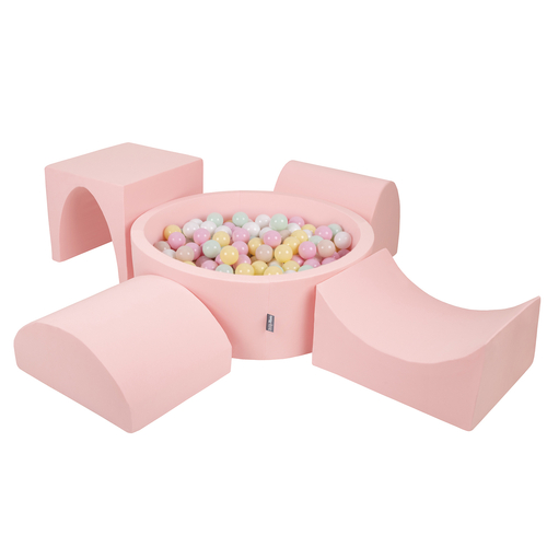 KiddyMoon Aire De Jeux en Mousse avec Rond Piscine à Balles pour Enfants, rose: beige pastel/jaune pastel/blanc/menthe/rose poudré, Piscine (200 Balles) + Version 1