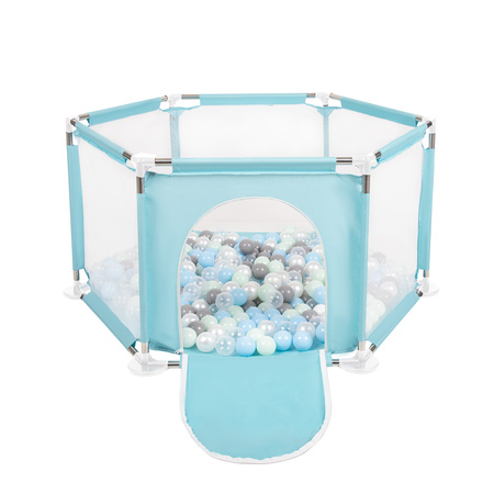 parc bébé hexagonal pliable avec balles plastiques, Mentha:perle/gris/transparent/babyblue/mentha, 200 balles