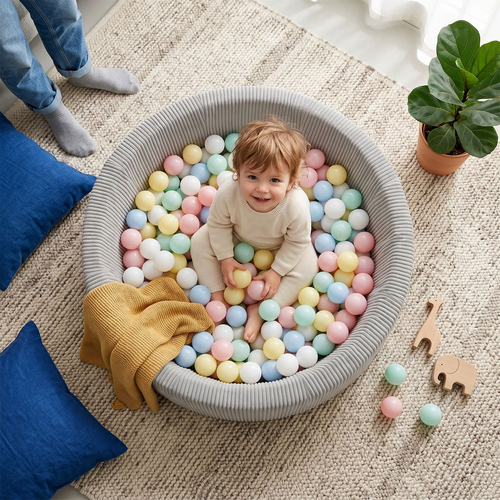 KiddyMoon Piscine Bébé 90 X 30 Cm Avec 200 Balles, Piscine À Balles Pour Bébé Et Enfant, Piscine Enfant En Mousse Douce, Housse Côtelée Lavable, Gris clair: Beige pastel/Bleu pastel/Blanc/Perle, 90x30cm/200 Balles