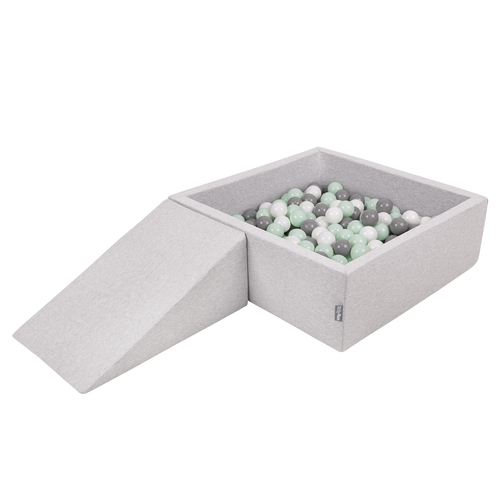 KiddyMoon Aire De Jeux en Mousse avec Carré Piscine À Balles pour Enfants, gris clair: blanc/gris/menthe, Piscine (100 Balles)+ Pente