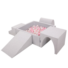 KiddyMoon Aire De Jeux en Mousse avec Carré Piscine À Balles pour Enfants, gris clair: rose poudré/perle/transparent, Piscine (200 Balles) + Version 3