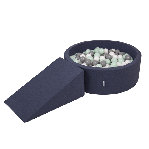 KiddyMoon Aire De Jeux en Mousse avec Rond Piscine à Balles pour Enfants, bleu foncé:blanc/gris/menthe, Piscine (200 Balles) + Pente