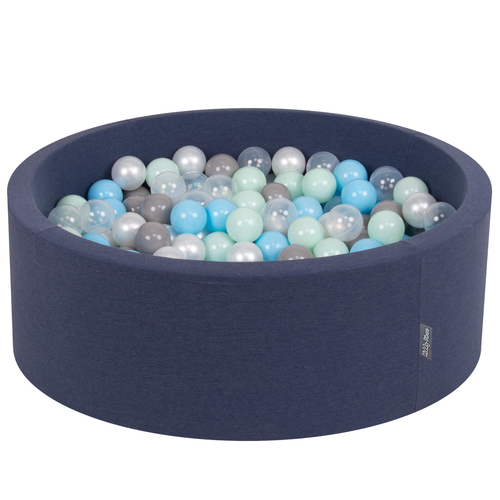 KiddyMoon Piscine à Balles ∅ 7Cm pour Bébé Rond Fabriqué En UE, bleu foncé:perle/gris/transparent/babyblue/menthe, 90x30cm/300 Balles