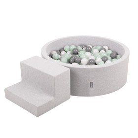 KiddyMoon Aire De Jeux en Mousse avec Rond Piscine à Balles pour Enfants, gris clair: blanc/gris/menthe, Piscine (200 Balles)+ Marches