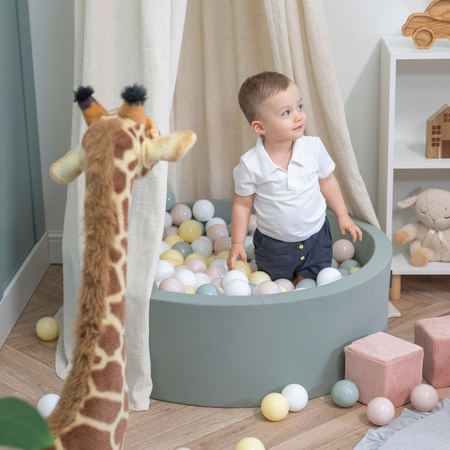KiddyMoon Piscine à Balles ∅ 7Cm pour Bébé Rond Fabriqué En UE, sauge : beige pastel/vert de gris/jaune pastel/blanc, 90x30cm/200 balles