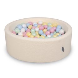 KiddyMoon Piscine à Balles Boules 7 cm pour un Remplissage plus Généreux Pour Bébés au Housse Teddy, Convient dès 8 Mois, Crème: Bleu Pastel/Jaune Pastel/Blanc/Menthe/Rose Poudré, 90x30cm/300 Balles