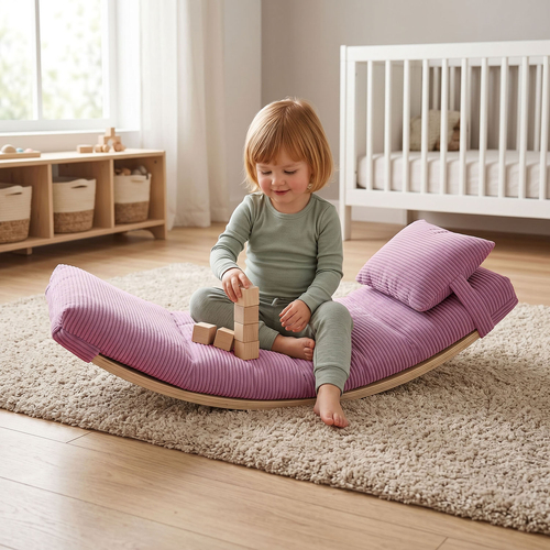 KiddyMoon Planche D'équilibre en Bois Enfant Avec Matelas et Oreiller Balance Board, naturel/violet clair, Planche D'équilibre/Matelas/Oreiller