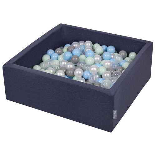 KiddyMoon Piscine à Balles ∅ 7Cm pour Bébé Carré Fabriqué En UE, bleu foncé:perle/gris/transparent/babybleu/menthe, 90x30cm/300 balles