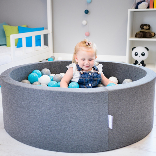 KiddyMoon Piscine à Balles ∅ 7Cm pour Bébé Rond Fabriqué En UE, gris foncé: turquoise clair/blanc/transparent, 90x30cm/300 Balles