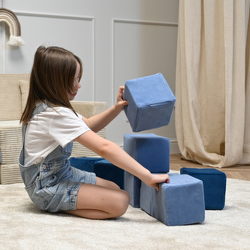 KiddyMoon blocs mous pour bébé cubes de construction en mousse housse velours, cubes: bleu lagune-bleu glacier-gris de montagnes, 6 Pieces