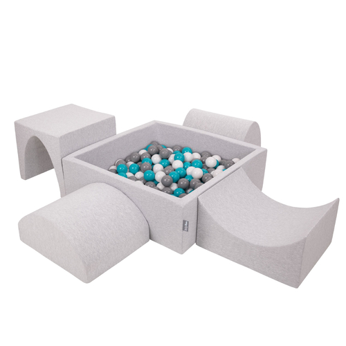 KiddyMoon Aire De Jeux en Mousse avec Carré Piscine À Balles pour Enfants, gris clair: gris/blanc/turquoise, Piscine (200 Balles) + Version 1