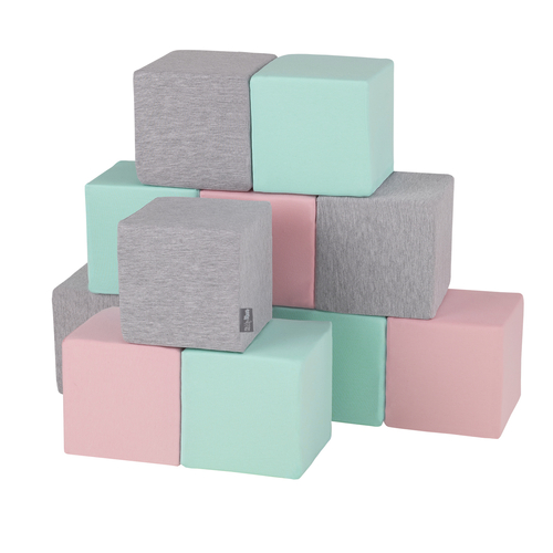 KiddyMoon Blocs Souples Jouets pour Bébé Mousse Squeeze Jouer Jouet Éducatif, cubes: gris clair/rose/menthe, 12 Pieces