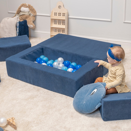 KiddyMoon Canapé en Mousse pour Enfants avec Balles Pour chambre d'enfant Léger Modulable Confortable Housse Amovible Parfait pour Jouer Lire et Se Détendre, bleu foncé: babyblue/bleu/perle, Canapé + 100 Balles