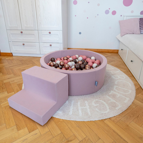 KiddyMoon Aire De Jeux en Mousse avec Rond Piscine à Balles pour Enfants, bruyère: beige pastel/saumon/blanc, Piscine (200 Balles)+ Marches