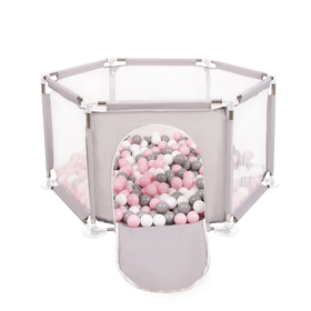 parc bébé hexagonal pliable avec balles plastiques, Gris:blanc/gris/rose poudré, 400 balles