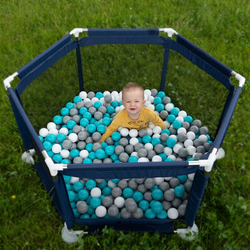 parc bébé hexagonal pliable avec balles plastiques, Bleu:girs/blanc/turquoise, 100 balles