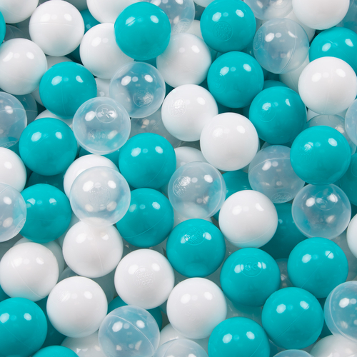 KiddyMoon Balles Colorées Plastique ∅7cm pour Piscine Enfant Bébé Fabriqué en EU, turquoise/transparent/blanc, 100 Balles/7cm