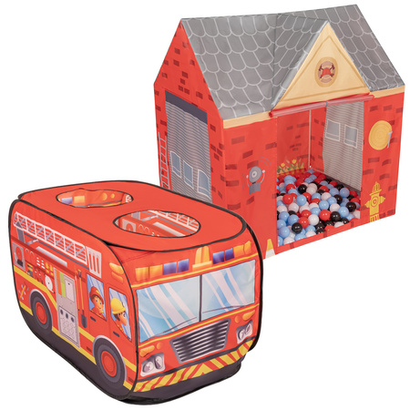 Tente De Jeu Pompier pour Enfants Set De Jeu Camion Et Caserne De Pompiers Pour Enfants Avec Boules Pliables Intérieures Extérieures Jeu Coopératif Sensoriel Montessori, rouge : noir-blanc-rouge-babyblue, 600 balles