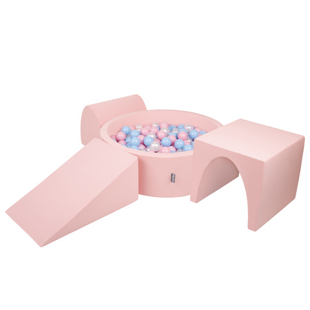 KiddyMoon Aire De Jeux en Mousse avec Rond Piscine à Balles pour Enfants, rose:babyblue/rose poudre/perle, Piscine (200 Balles) + Version 2