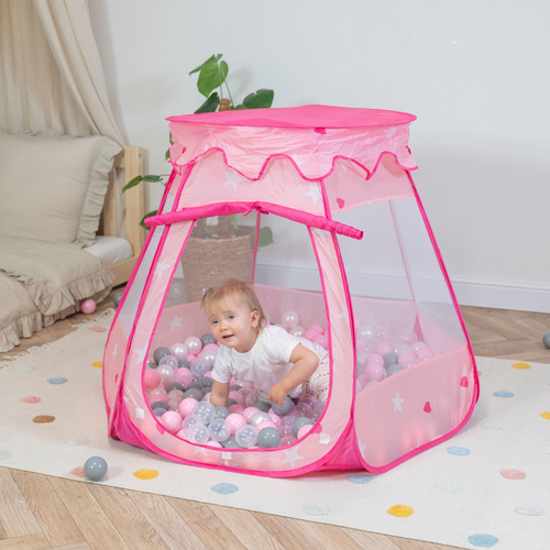 Tente Château Pour Enfants Tente de Jeu Avec Balles Colorées Jouet Cabane Pop-up Château Facile À Monter Maison de Jeu Pour Intérieur et Extérieur, rose: perle-gris-transparent-rose poudré, 105x90cm/600 balles