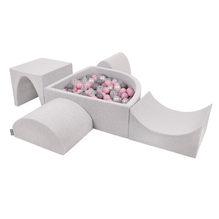 KiddyMoon Aire De Jeux en Mousse avec Quart Angulaire Piscine À Balles pour Bébé, gris clair: perle/gris/transparent/rose poudré, Piscine (200 Balles) + Version 1