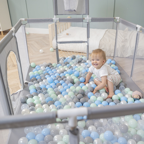 Parc Bébé avec Balles Plastiques Aire De Jeu Pliable Basket Football, gris:perle/gris/transparent/babyblue/menthe, 400 balles