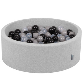 KiddyMoon Piscine à Balles ∅ 7Cm pour Bébé Rond Fabriqué En UE, gris clair:noir/gris/transparent, 90x30cm/200 balles