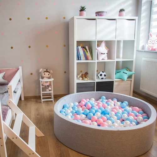 KiddyMoon Piscine À Balles Grande Rond pour Bébé, Fabriqué en UE, rose: bleu pastel/jaune pastel/blanc/menthe/rose poudré, 120x30cm/1000 balles