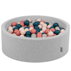 KiddyMoon Piscine à Balles ∅ 7Cm pour Bébé Rond Fabriqué En UE, gris clair:turquoise foncé/beige pastel/gris de vert/saumon, 90x30cm/200 balles