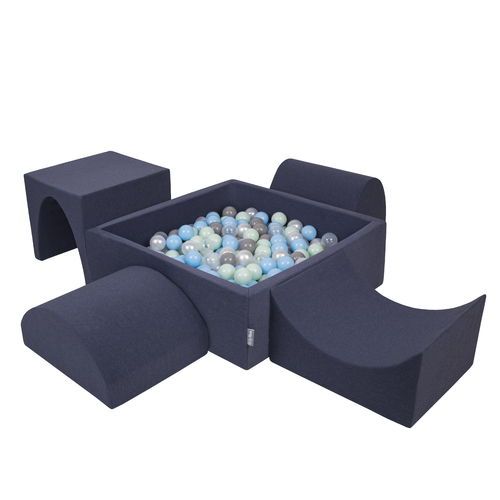 KiddyMoon Aire De Jeux en Mousse avec Carré Piscine À Balles pour Enfants, bleu foncé:perle/gris/transparent/babyblue/menthe, Piscine (300 Balles) + Version 1