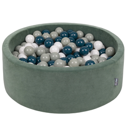 KiddyMoon Velours Piscine à Balles ∅7Cm pour Bébé Rond Fabriqué en EU, vert forêt: turquoise foncé/gris de vert/blanc, 90x30cm/200 balles