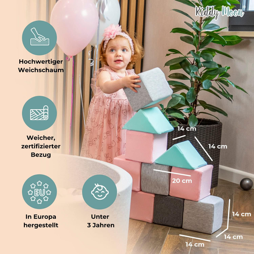 KiddyMoon blocs mous pour bébé cubes de construction en mousse housse velours, cubes: beige sableux/rose des sables, 6 Pieces