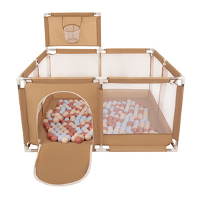 parc bébé avec balles plastiques aire de jeu pliable basket, beige : beige pastel/bleu pastel/saumon, 400 balles
