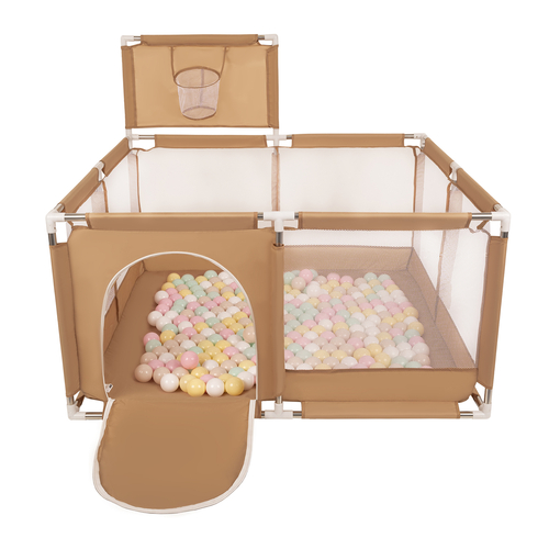 parc bébé avec balles plastiques aire de jeu pliable basket, beige : beige pastel/jaune pastel/blanc/menthe/rose poudré, 200 balles