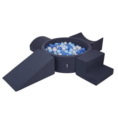 KiddyMoon Aire De Jeux en Mousse avec Rond Piscine à Balles pour Enfants, bleu foncé:babyblue/bleu/perle, Piscine (300 Balles) + Version 5