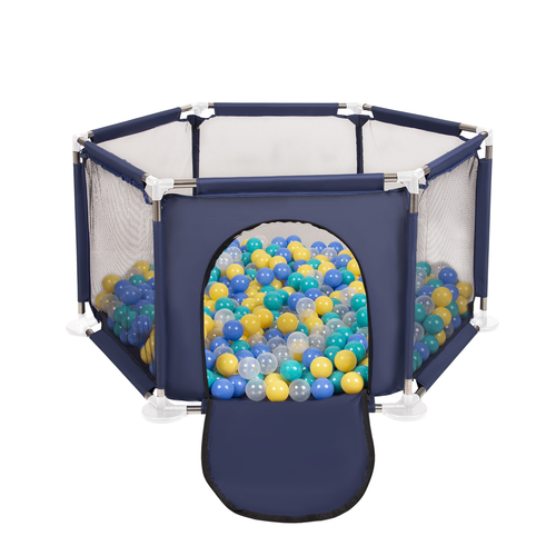 parc bébé hexagonal pliable avec balles plastiques, Bleu:turquoise/bleu/jaune/transparent, 400 balles
