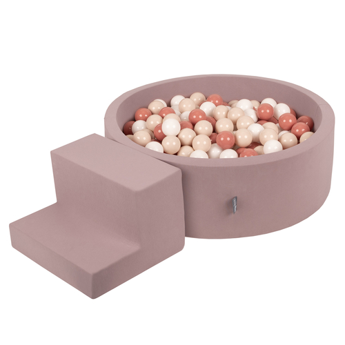 KiddyMoon Aire De Jeux en Mousse avec Rond Piscine à Balles pour Enfants, bruyère: beige pastel/saumon/blanc, Piscine (200 Balles)+ Marches