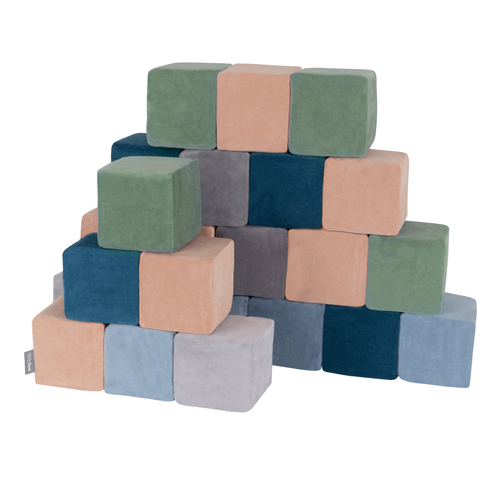 KiddyMoon blocs mous pour bébé cubes de construction en mousse housse velours, cubes: bleu lagune-vert forêt-rose de sables-bleu glacier-gris de montagnes, 6 Pieces