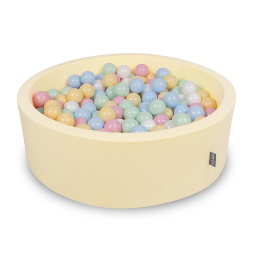 KiddyMoon Piscine À Balles ∅ 7Cm pour Bébé Rond Fabriqué en UE, beurré: bleu pastel/jaune pastel/blanc/menthe/rose poudré, 90x30cm/200 Balles