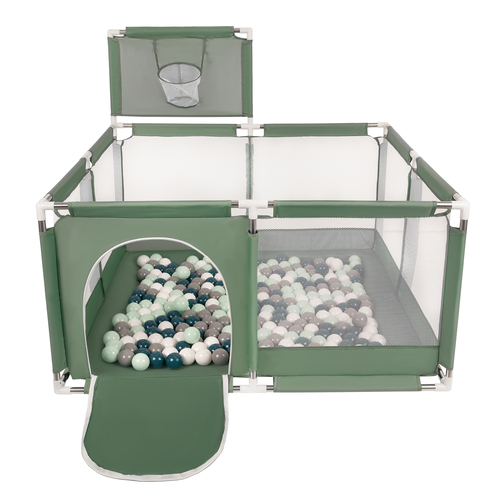 parc bébé avec balles plastiques aire de jeu pliable basket, vert : turquoise foncé/gris/blanc/menthe, 100 balles