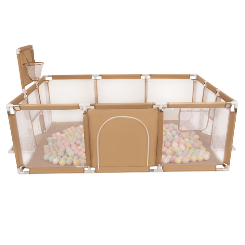 Parc Bébé avec Balles Plastiques Aire De Jeu Pliable Basket Football, beige : beige pastel/jaune pastel/blanc/menthe/rose poudré, 100 balles