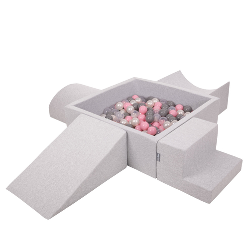 KiddyMoon Aire De Jeux en Mousse avec Carré Piscine À Balles pour Enfants, gris clair: perle/gris/transparent/rose poudré, Piscine (200 Balles) + Version 5