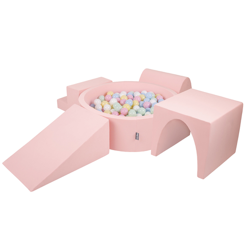 KiddyMoon Aire De Jeux en Mousse avec Rond Piscine à Balles pour Enfants, rose:bleu pastel/jaune pastel/blanc/menthe/rose poudré , Piscine (300 Balles) + Version 3