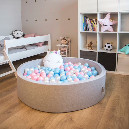 KiddyMoon Piscine à Balles ∅ 7Cm pour Bébé Rond Fabriqué En UE, gris clair:baby blue/rose poudre/perle, 90x30cm/200 balles
