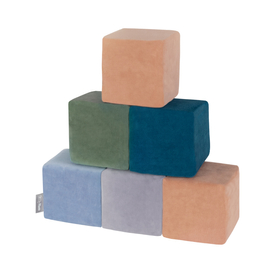KiddyMoon blocs mous pour bébé cubes de construction en mousse housse velours, cubes: bleu lagune-vert forêt-rose de sables-bleu glacier-gris de montagnes, 6 Pieces