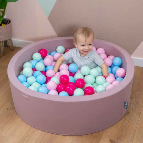 KiddyMoon piscine à balles ronde en mousse pour bébé et enfant, bassin sensoriel intérieur, housse lavable, inclus balles sécurisées, Béruée: rose poudre/rose foncé/baby blue/menthe, 90x30cm/300 balles