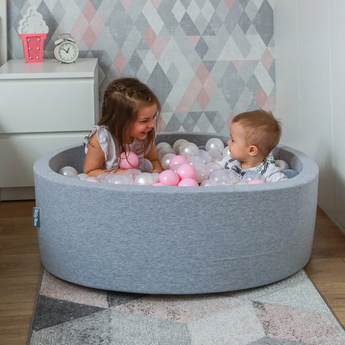 KiddyMoon Piscine à Balles ∅ 7Cm pour Bébé Rond Fabriqué En UE, gris clair:rose poudre/perle/transparent, 90x30cm/300 Balles